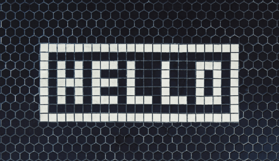Mosaic with the word hello written on it