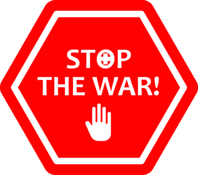 A red sign that says stop the war